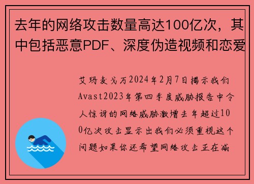 去年的网络攻击数量高达100亿次，其中包括恶意PDF、深度伪造视频和恋爱骗局等多种形式。